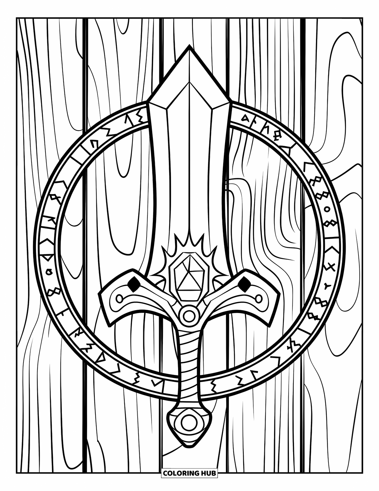 Sword Coloring Page for Kids: A magical sword with a gemstone in the hilt, resting on a wooden surface with bold outlines