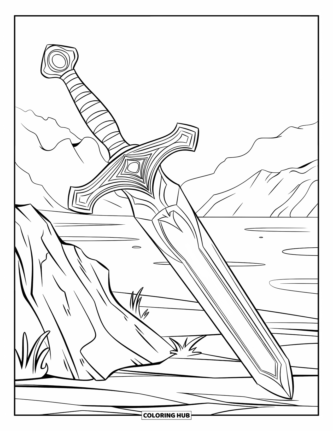 Sword Coloring Page for Kids: A mystical sword with fire-covered edges, leaning against a rock in a misty landscape