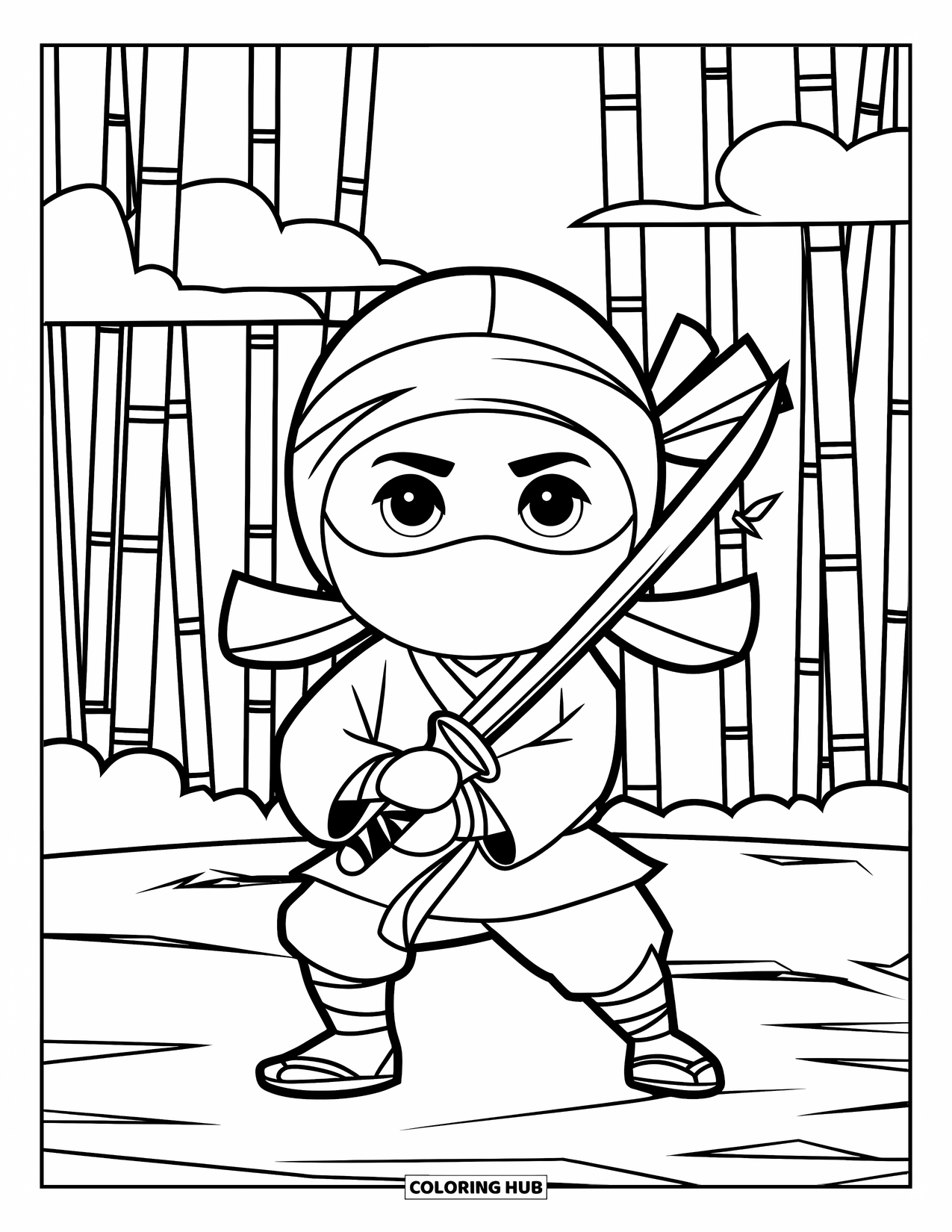 Sword Coloring Page for Kids: A ninja holding a katana, standing in front of a bamboo forest with clouds in the background