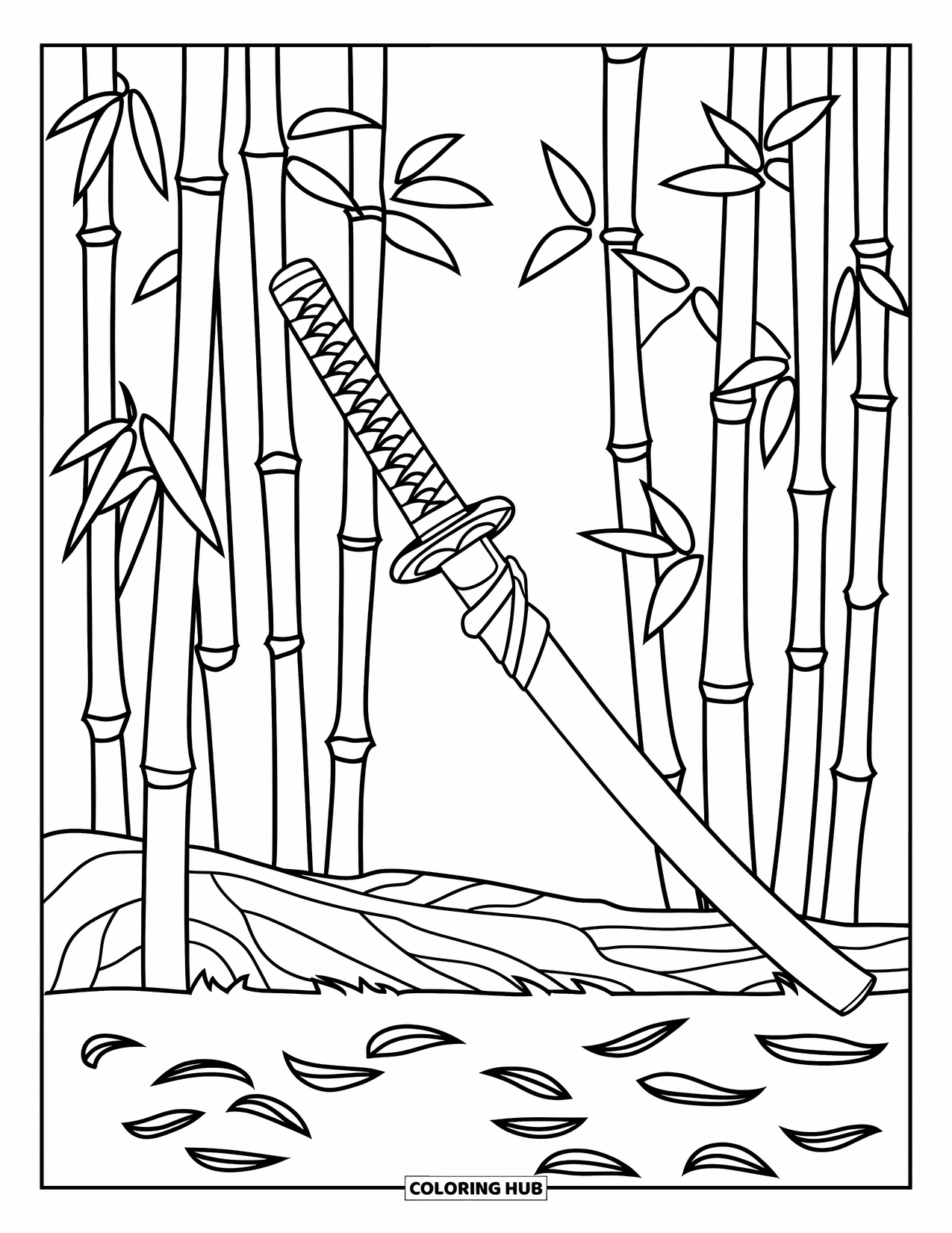 Sword Coloring Page for Kids: A ninja katana leaning against a tree, surrounded by bamboo stalks with fallen leaves