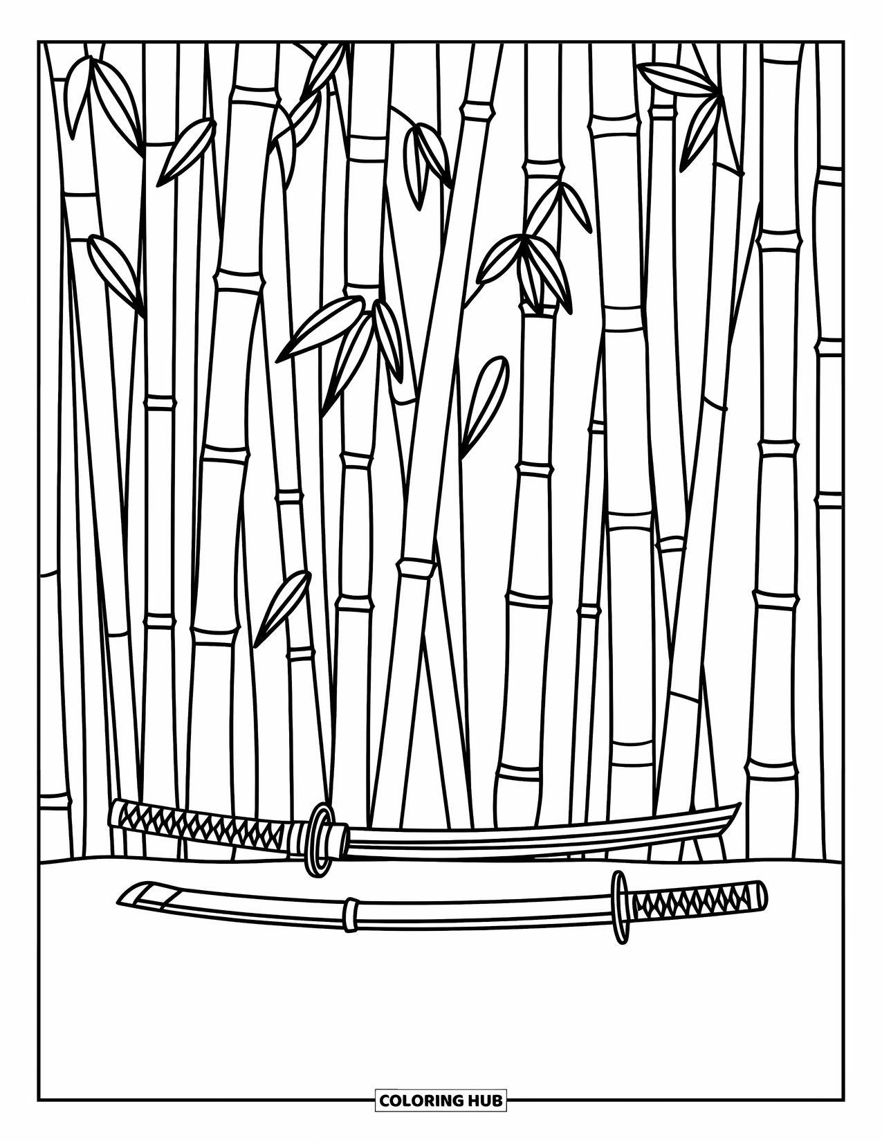 Sword Coloring Page for Kids: A ninja katana placed on the ground, surrounded by tall bamboo stalks with heart-shaped leaves