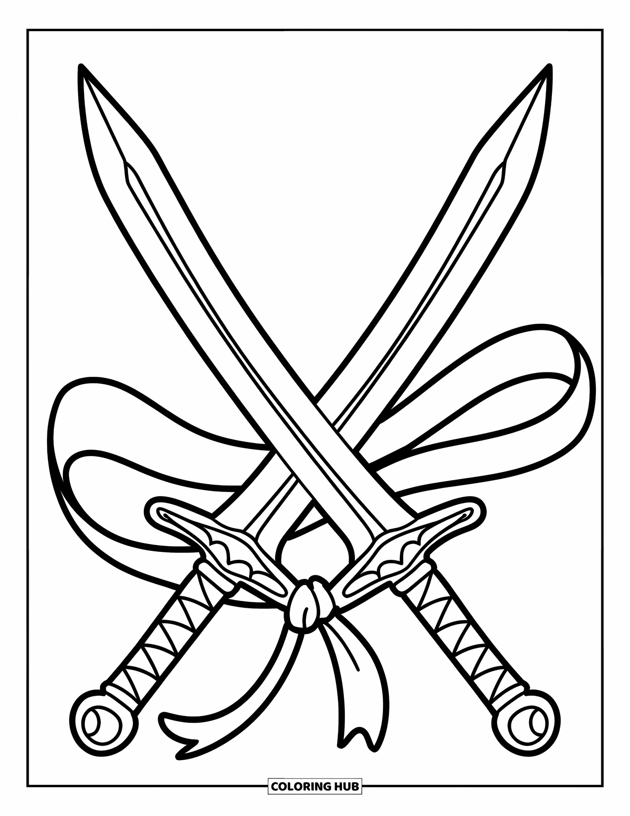 Sword Coloring Page for Kids: A pair of crossed swords tied with a ribbon, featuring intricate patterns and ornate hilts