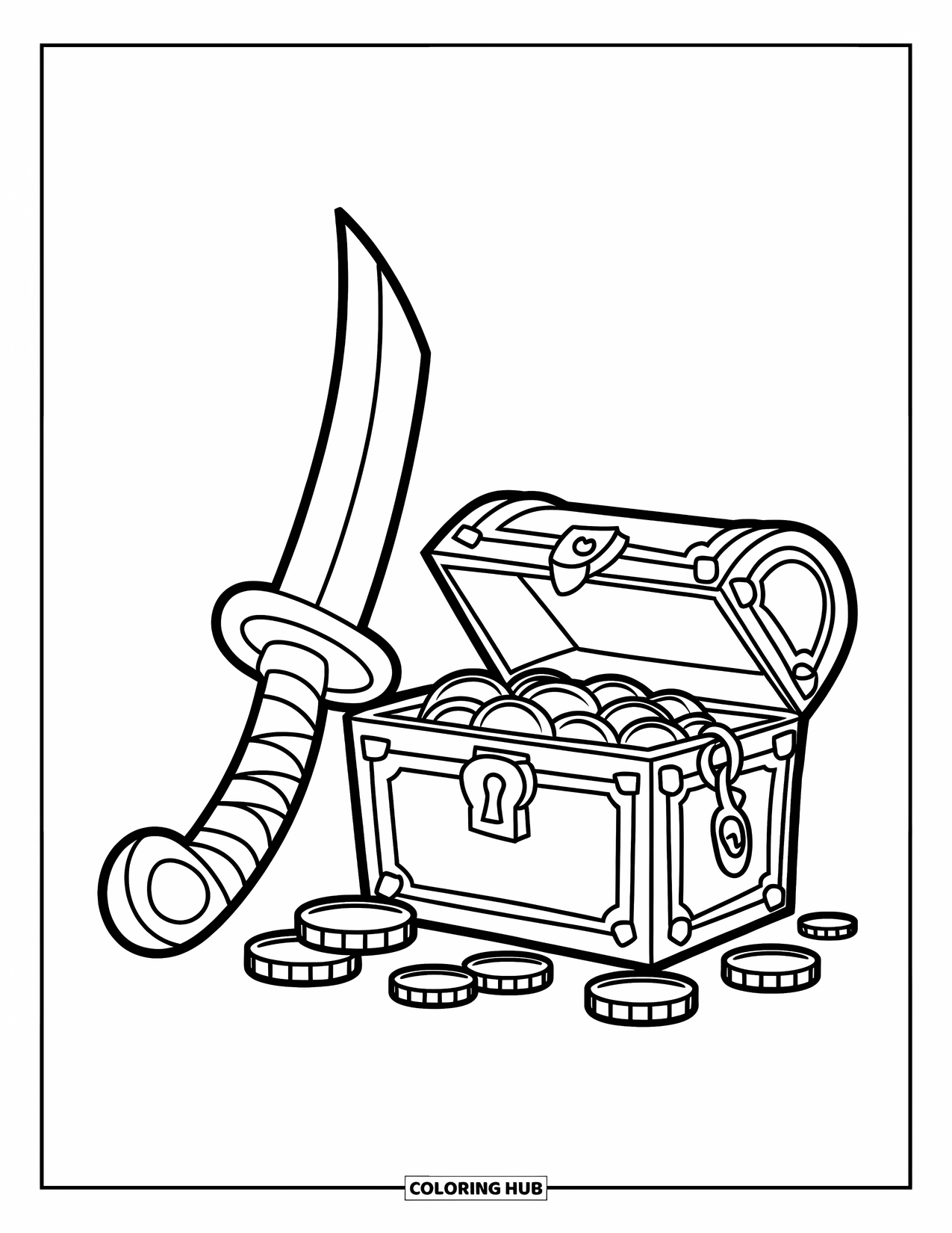 Sword Coloring Page for Kids: A pirate's cutlass beside a treasure chest, with coins scattered around, drawn with bold outlines