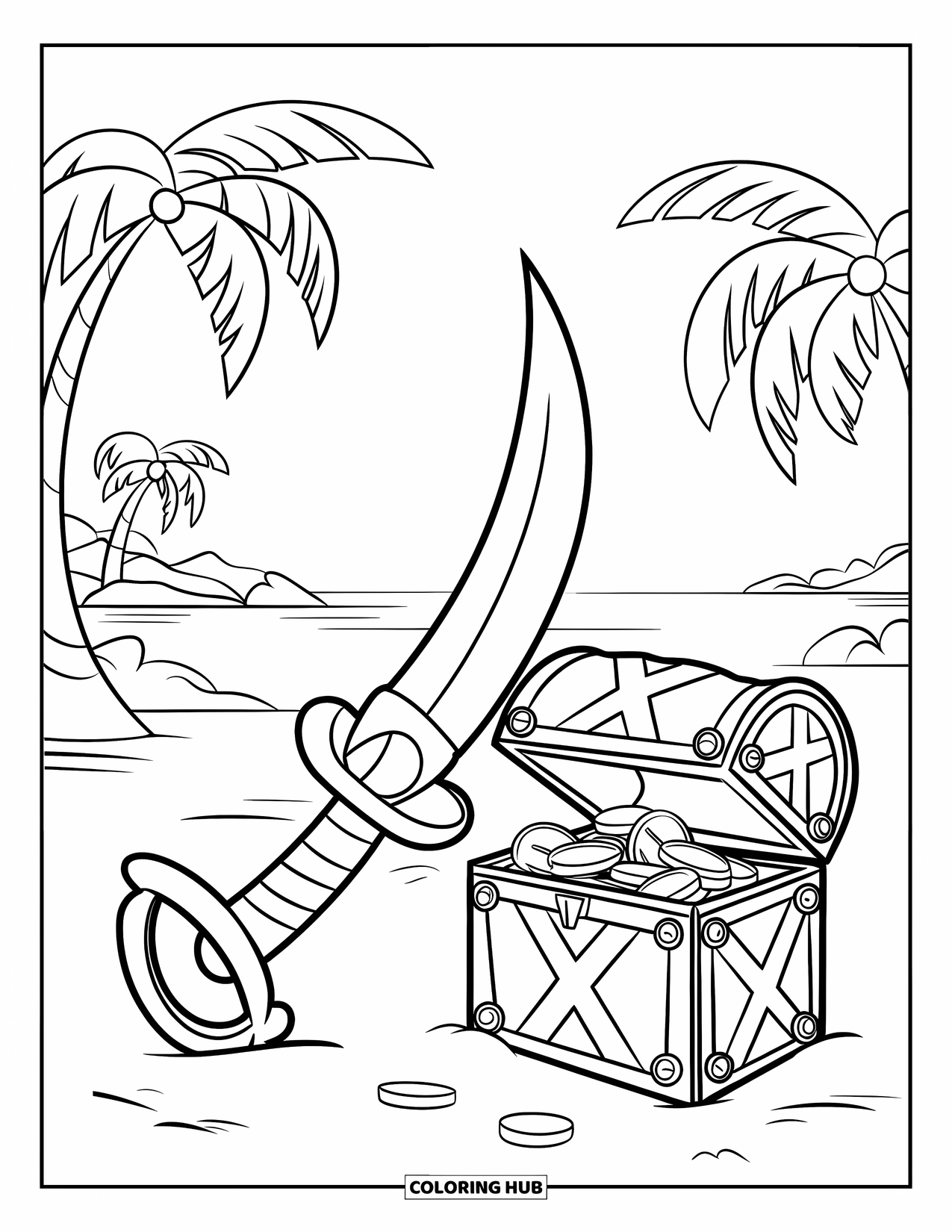 Sword Coloring Page for Kids: A pirate's cutlass on sandy ground, with a treasure chest, gold coins, and palm trees in the background