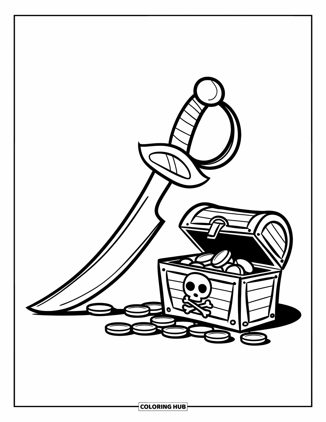 Sword Coloring Page for Kids: A pirate's cutlass with a curved blade, placed near a treasure chest with a skull and crossbones