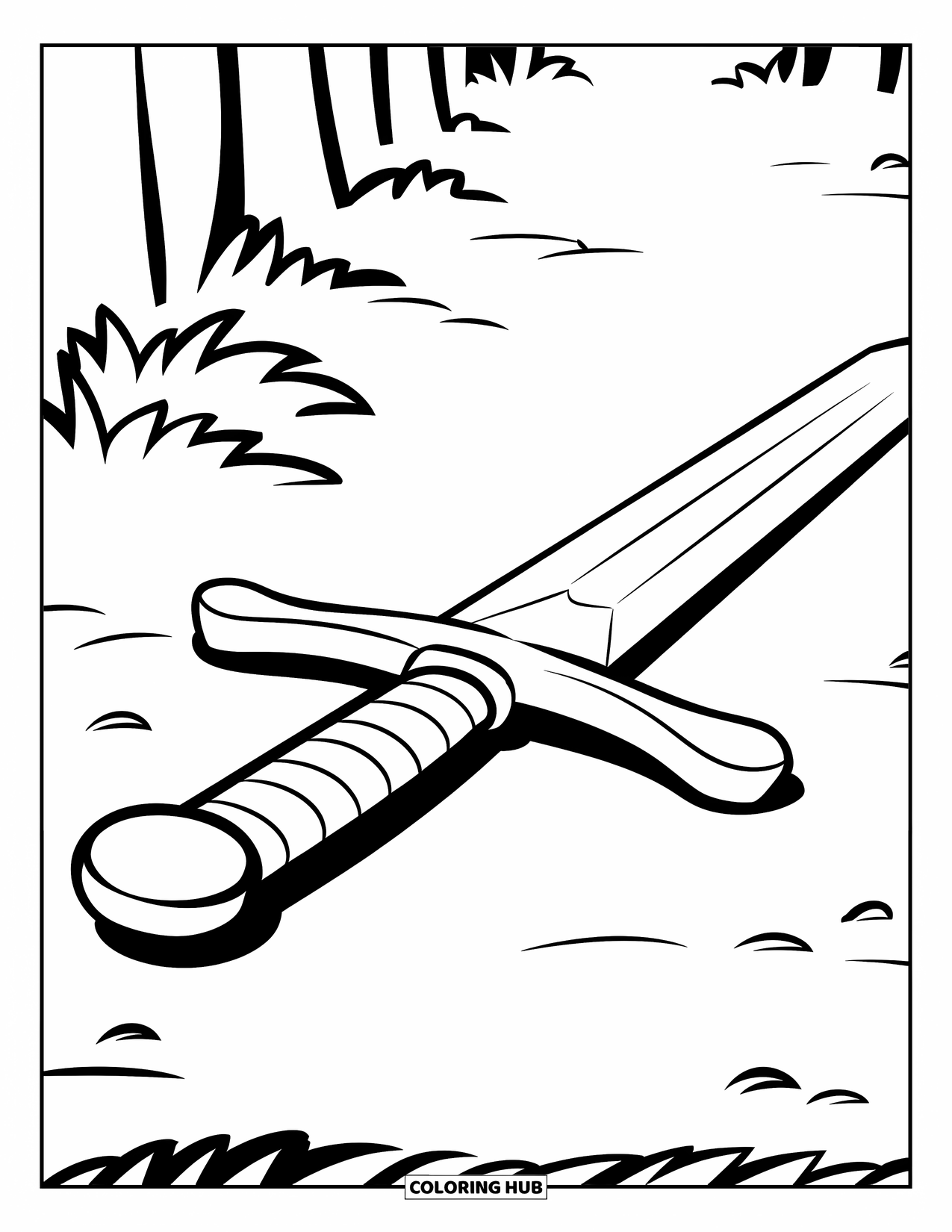 Sword Coloring Page for Kids: A playful sword with a bold handle, lying on the ground with no additional objects in the scene