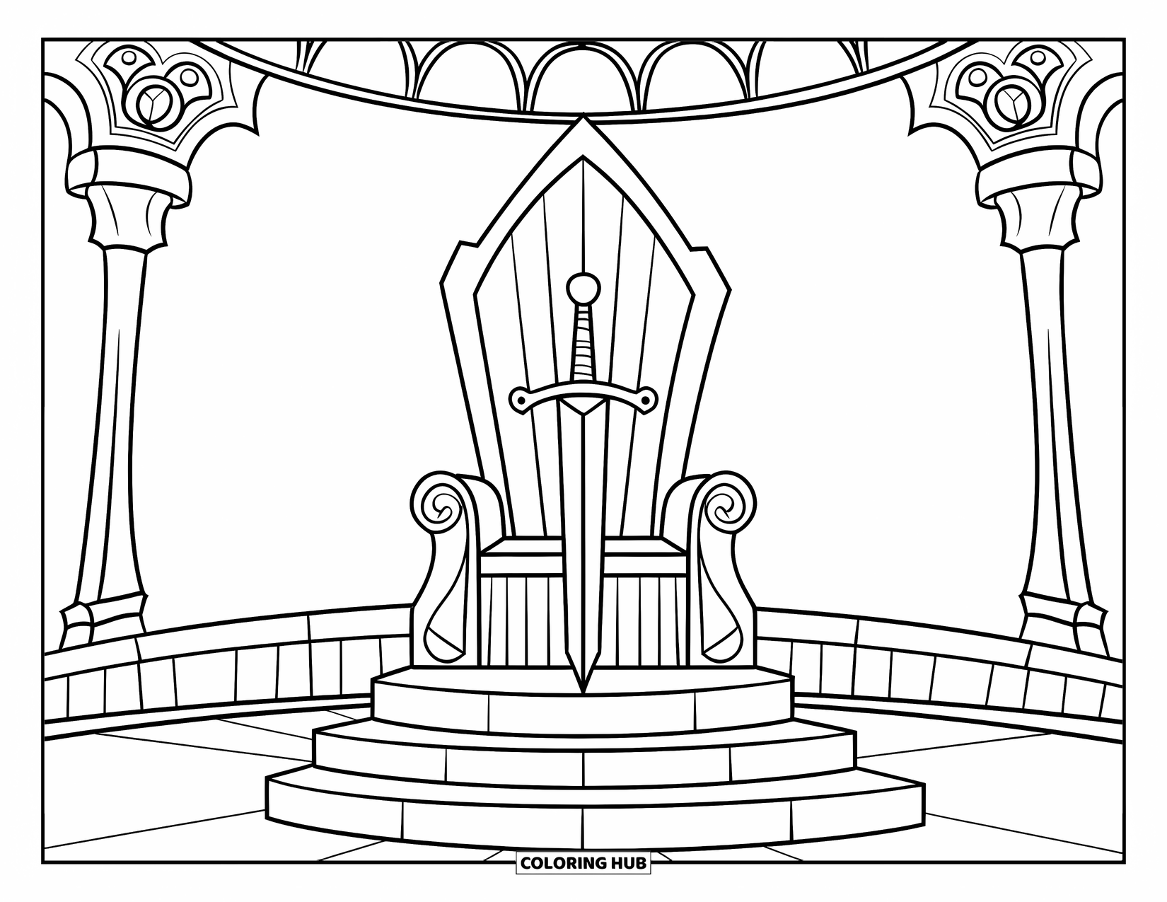 Sword Coloring Page for Kids: A royal sword on a throne in the center of a circular room with decorative carvings