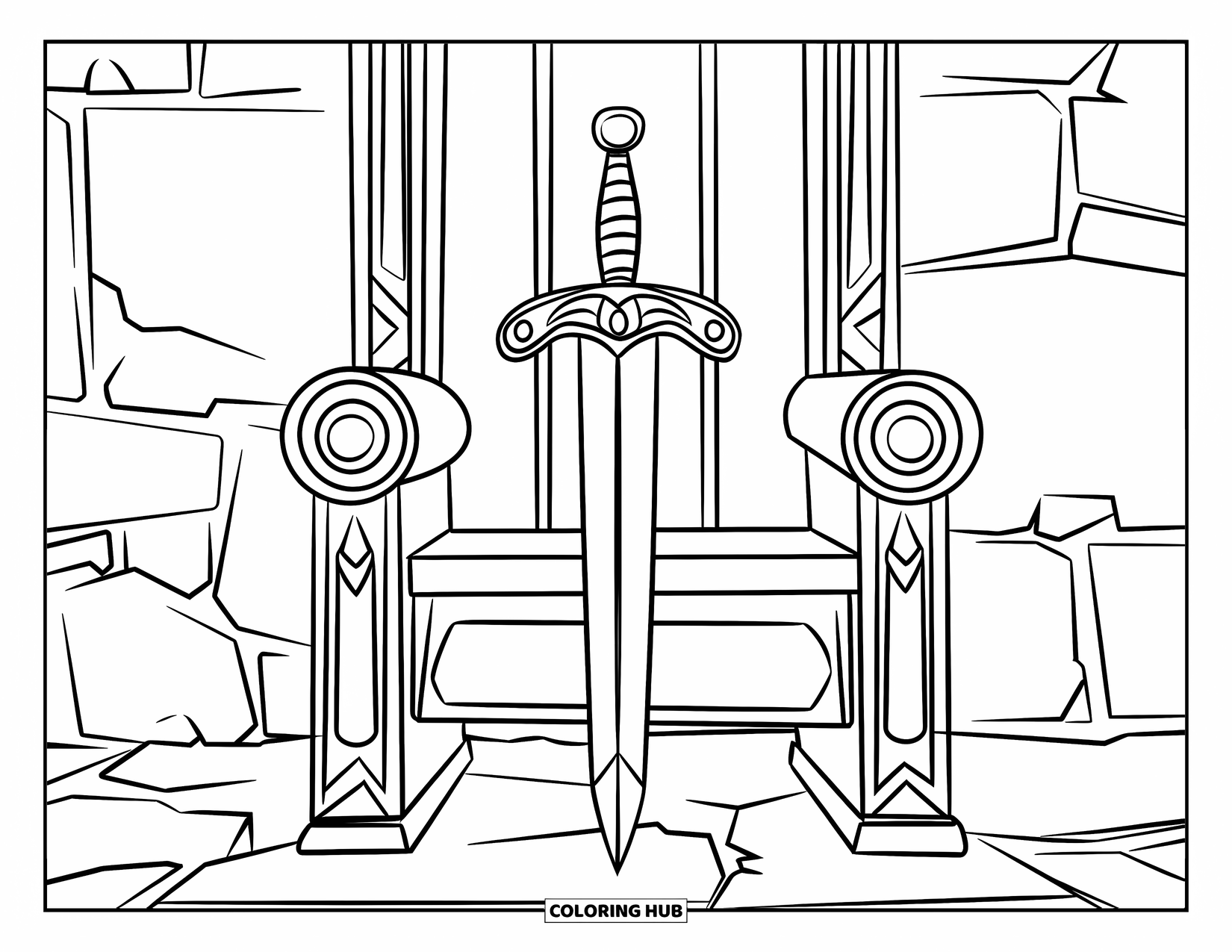 Sword Coloring Page for Kids: A royal sword resting on a wooden throne, set on a stone platform with intricate carvings