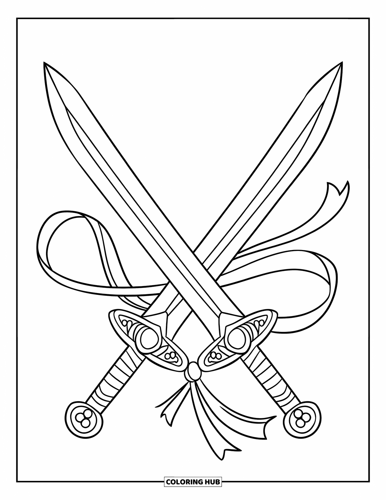 Sword Coloring Page for Kids: A set of crossed swords with decorative pommels, tied with a ribbon on a white background