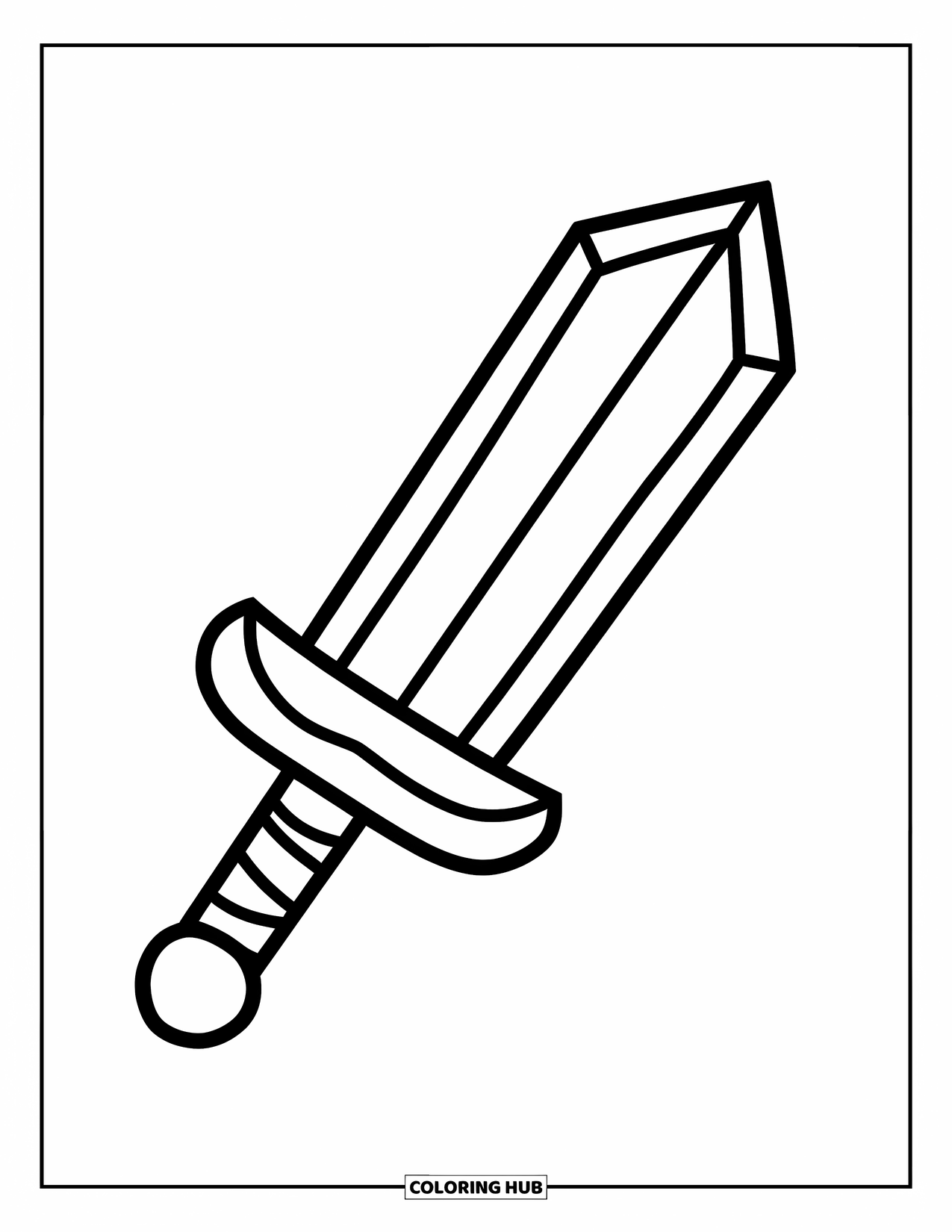 Sword Coloring Page for Kids: A simple cartoon sword with bold outlines and an easy-to-color handle, set against a white background