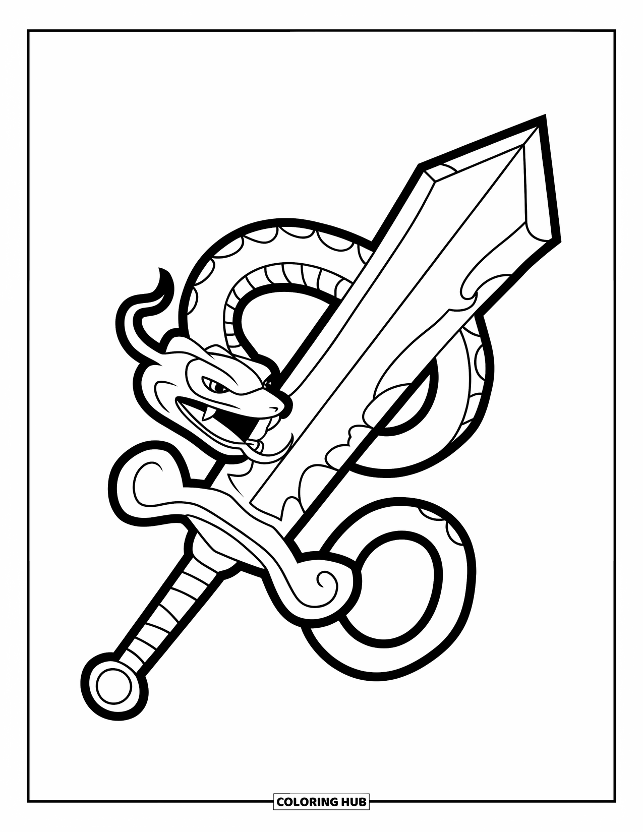 Sword Coloring Page for Kids: A striking sword with a coiled serpent, featuring crisp outlines and slightly detailed scales