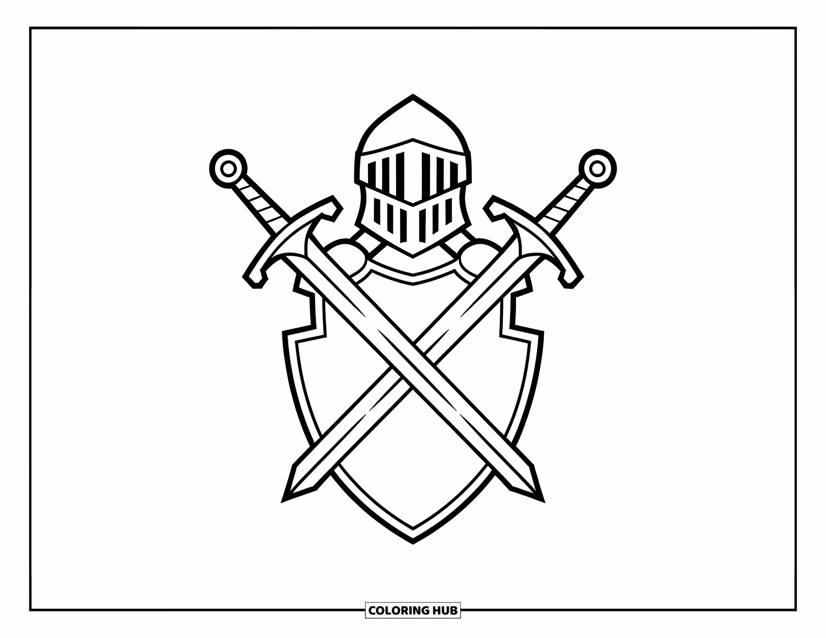 Sword Coloring Page for Kids: A strong knight holding a shield with crossed swords, with a bold and clean design