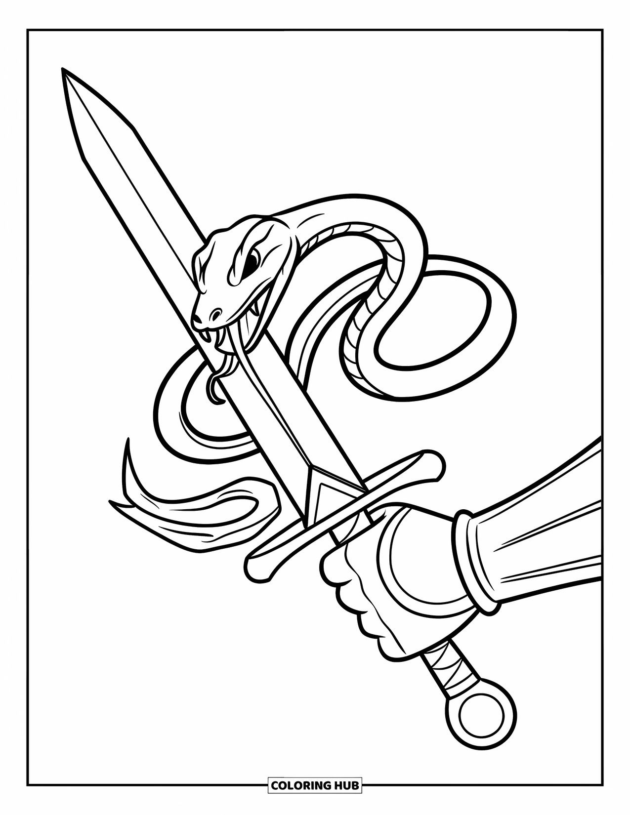 Sword Coloring Page for Kids: A sword with a serpent coiled around its blade, ready to strike, set against a white background