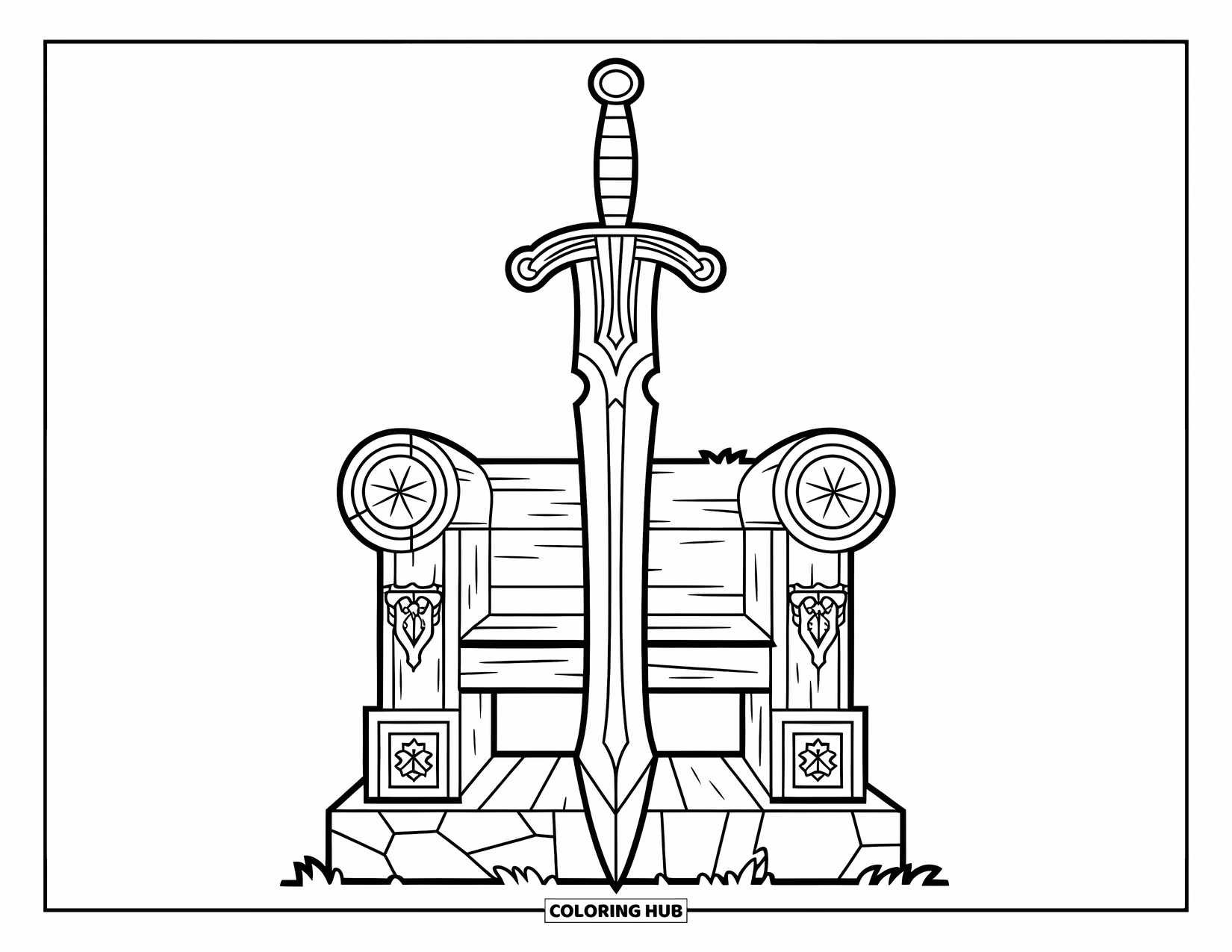 Sword Coloring Page for Kids: A sword with an intricate hilt and large crossguard, placed on a throne with detailed elements