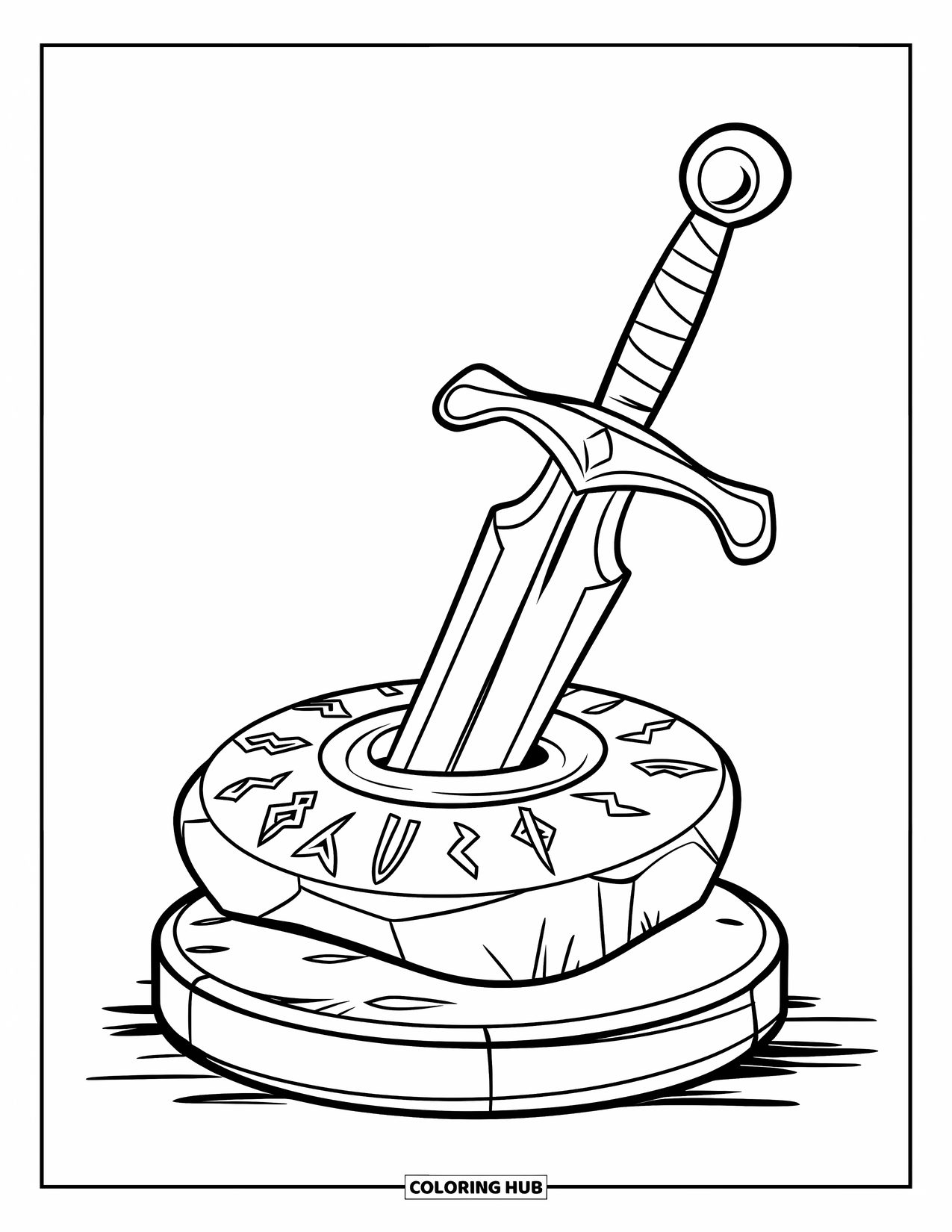 Sword Coloring Page for Kids: A warrior's sword stuck in an enchanted stone with magical runes, resting on a pedestal