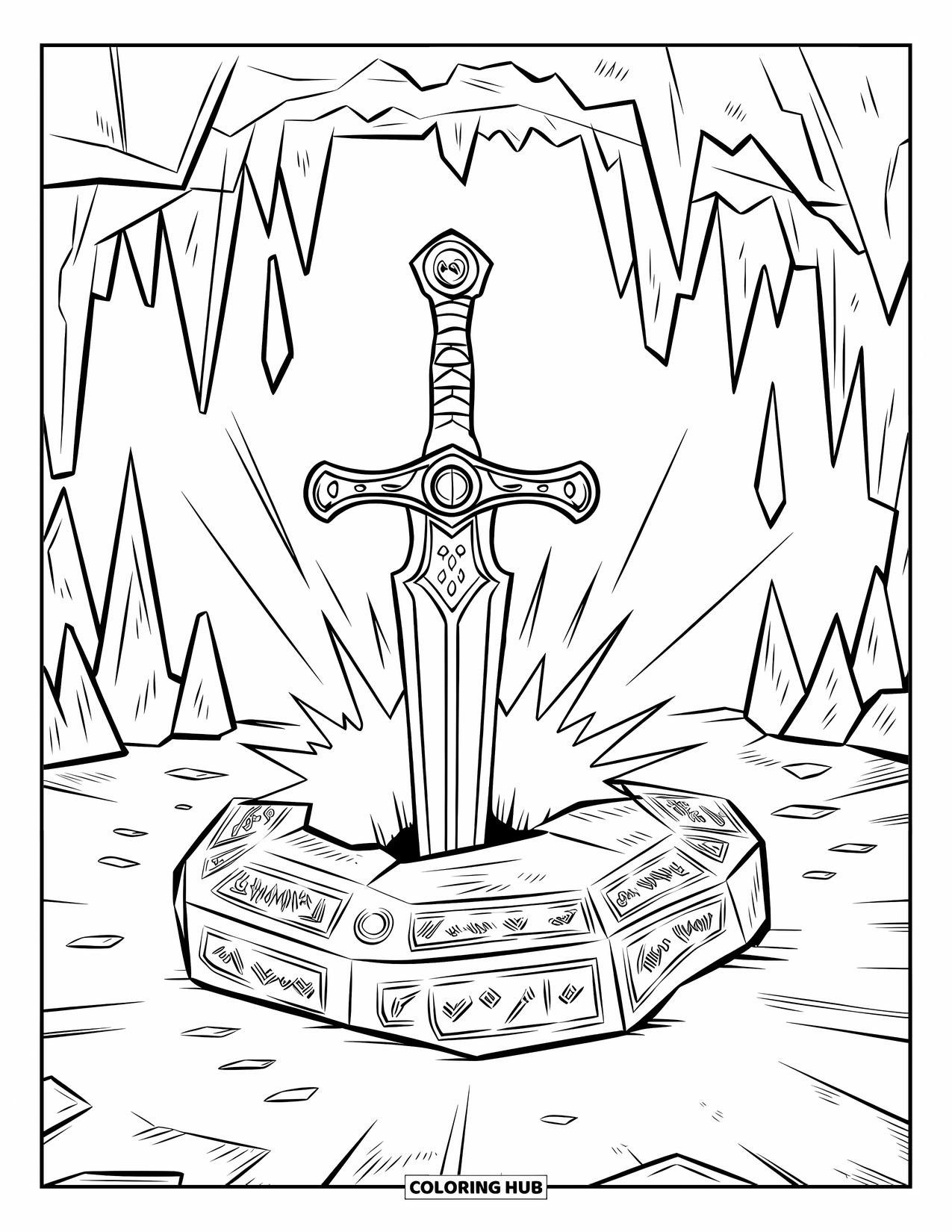 Sword Coloring Page for Kids: A warrior's sword with a detailed hilt, placed in a glowing, rune-engraved stone inside a cave