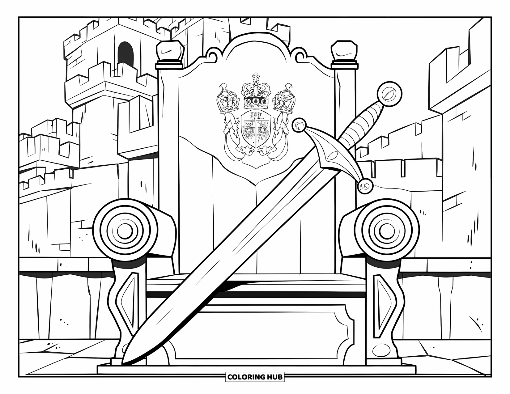 Sword Coloring Page for Kids: An ornate sword on a throne, with a royal flag and a grand castle in the background