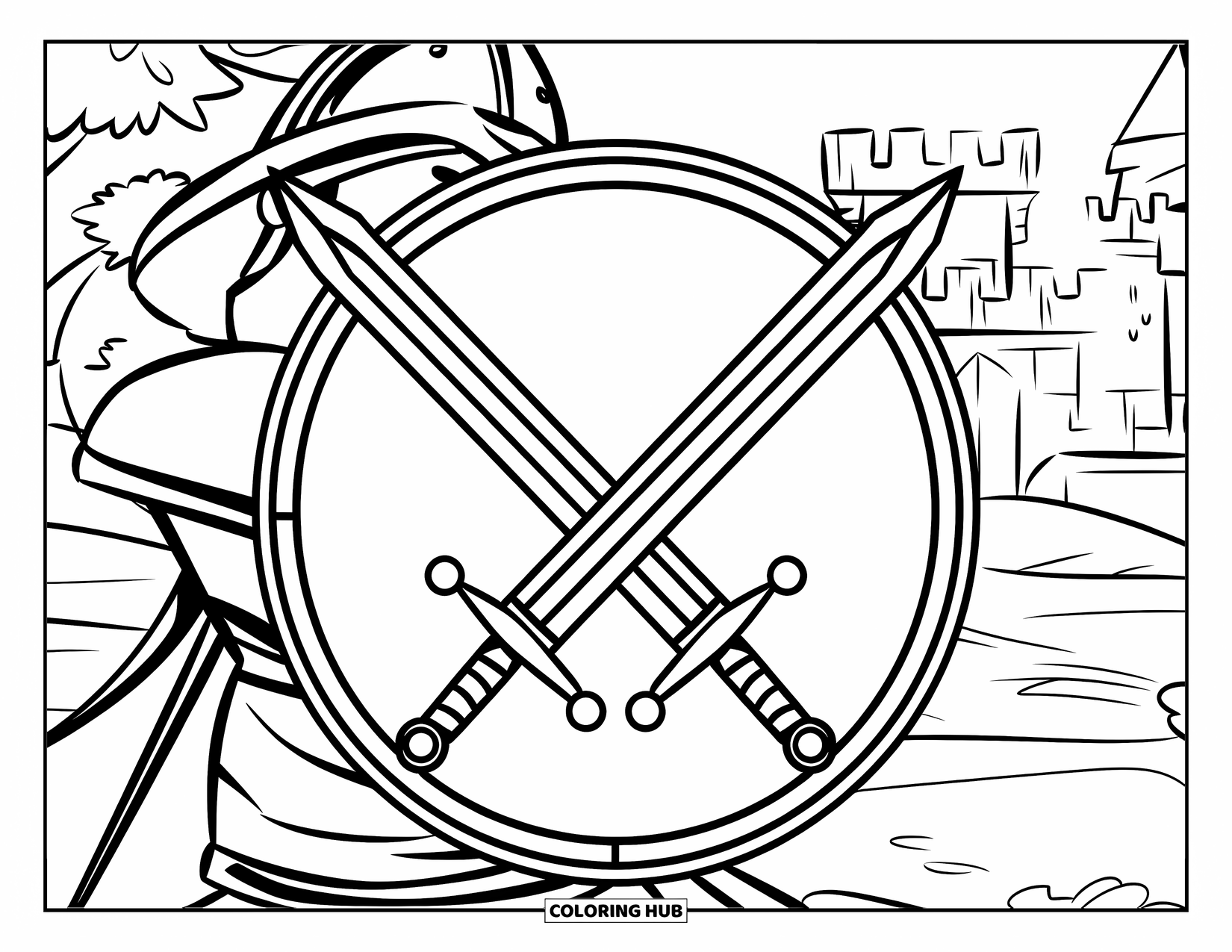 Sword Coloring Page for Kids: Two crossed swords inside a shield, held by a warrior, with a castle and trees in the background