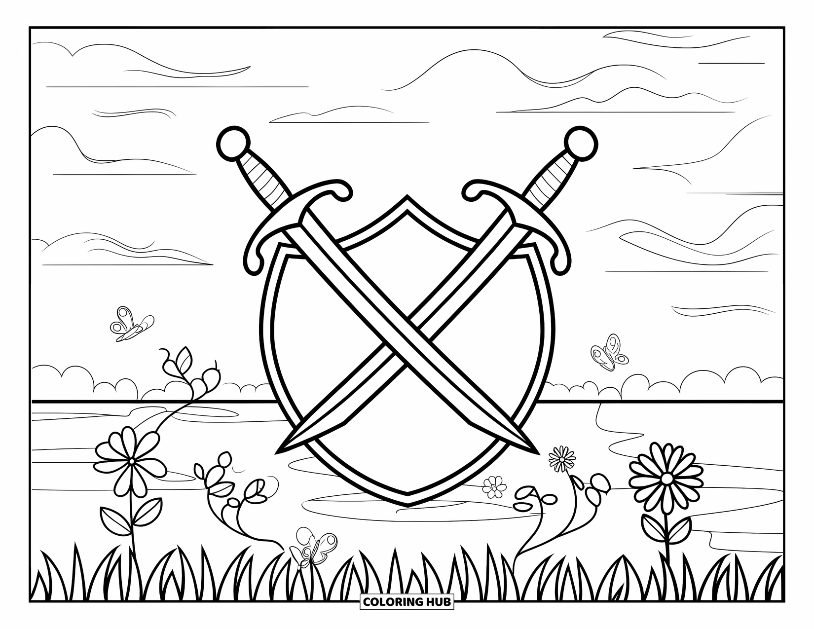 Sword Coloring Page for Kids: Two crossed swords inside a shield, placed on grassy terrain with flowers, butterflies, and clouds