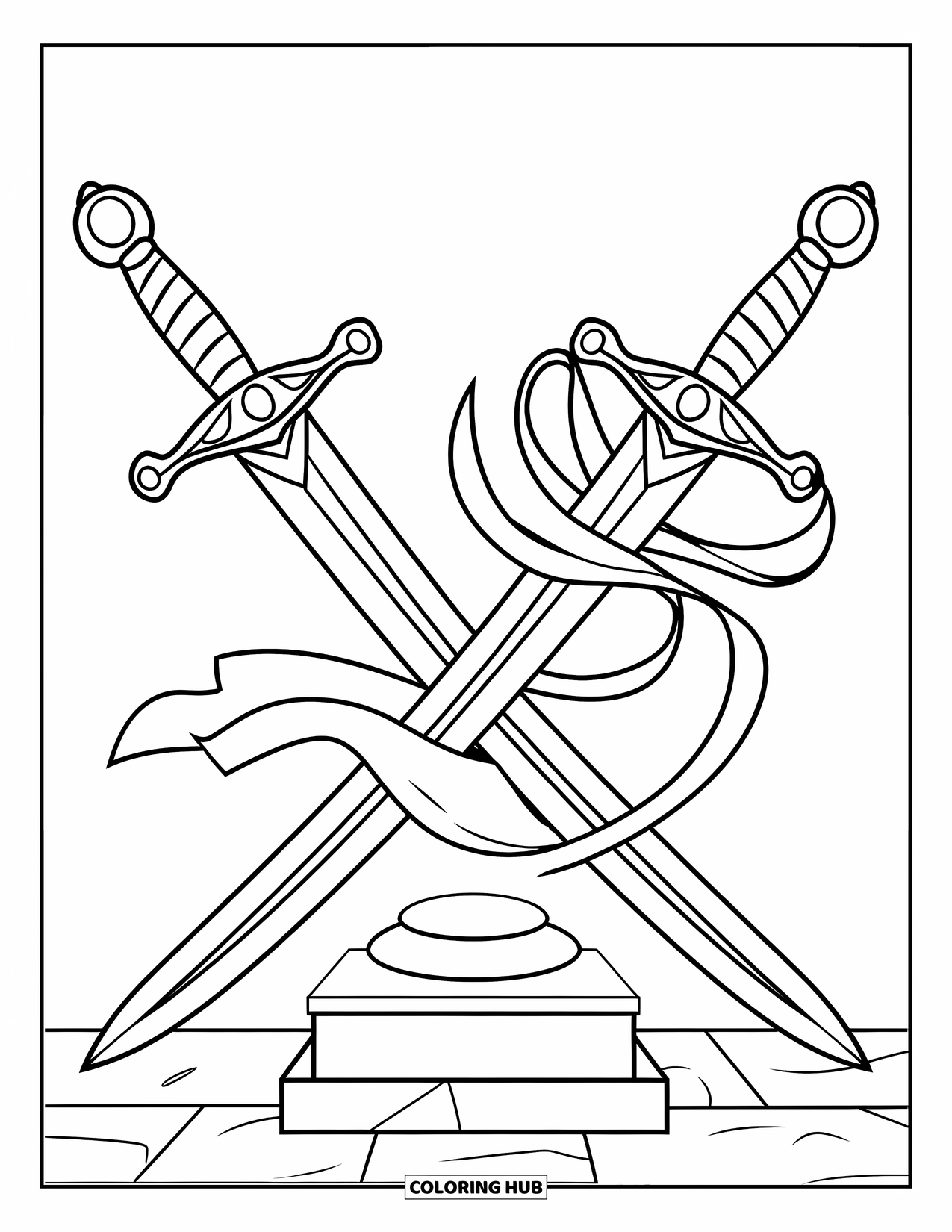 Sword Coloring Page for Kids: Two crossed swords on a stone pedestal, wrapped with a simple ribbon, designed for coloring