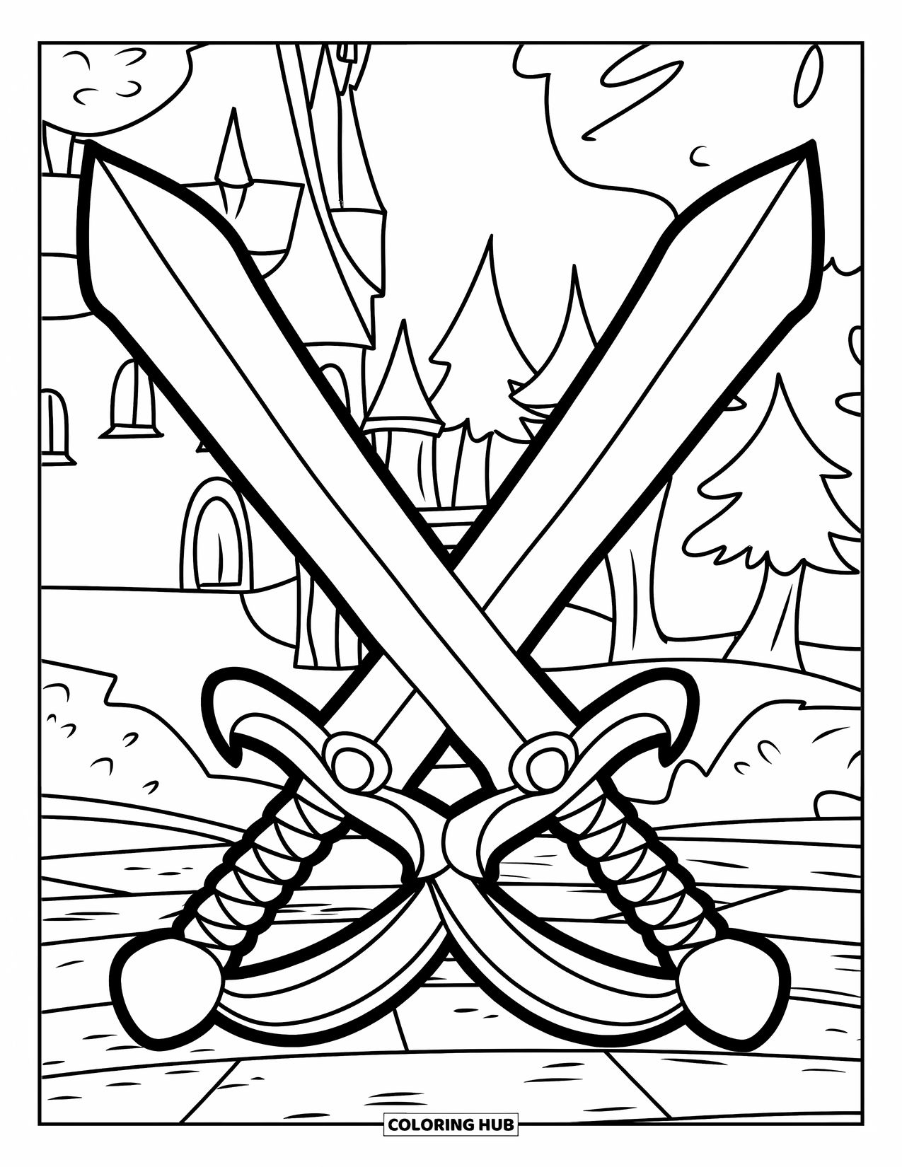 Sword Coloring Page for Kids: Two crossed swords with a plain ribbon, set against a castle and trees in the background