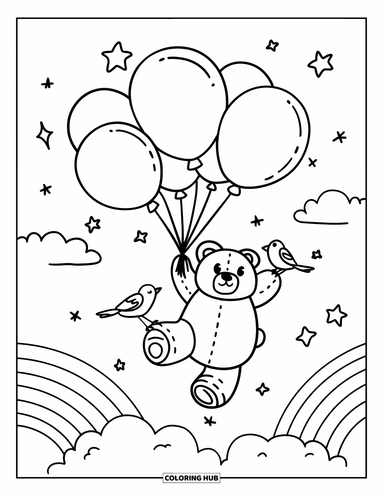 Teddy Bear Coloring Page for Adults: A chubby teddy bear floats in the sky, holding oversized balloons with stars and clouds