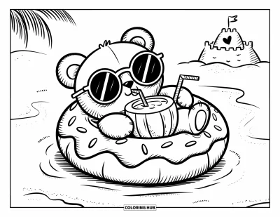Dibujo de oso de peluche para colorear para adultos: Un oso de peluche kawaii descansa en un flotador de rosquilla en la playa, bebiendo una bebida de coco