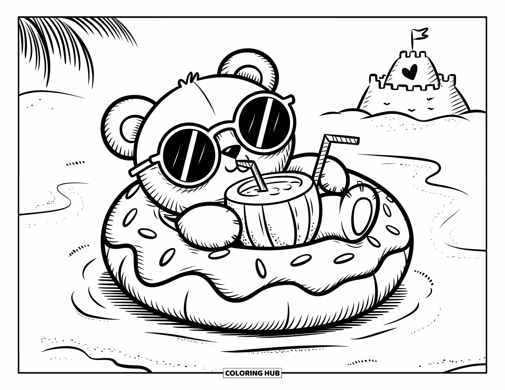 Teddy Bear Coloring Page for Adults: A kawaii teddy bear lounges on a doughnut floaty at the beach, sipping a coconut drink