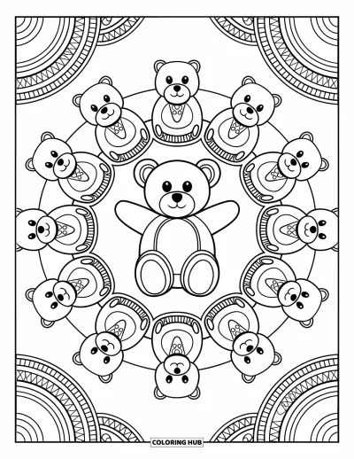 Dibujo de oso de peluche para colorear para adultos: Un diseño de estilo mandala muestra osos de peluche dispuestos en un patrón circular con detalles ornamentados