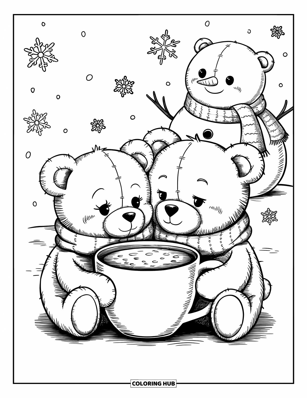 Teddy Bear Coloring Page for Adults: A pair of teddy bears cuddle under a scarf, drinking hot cocoa as snowflakes fall