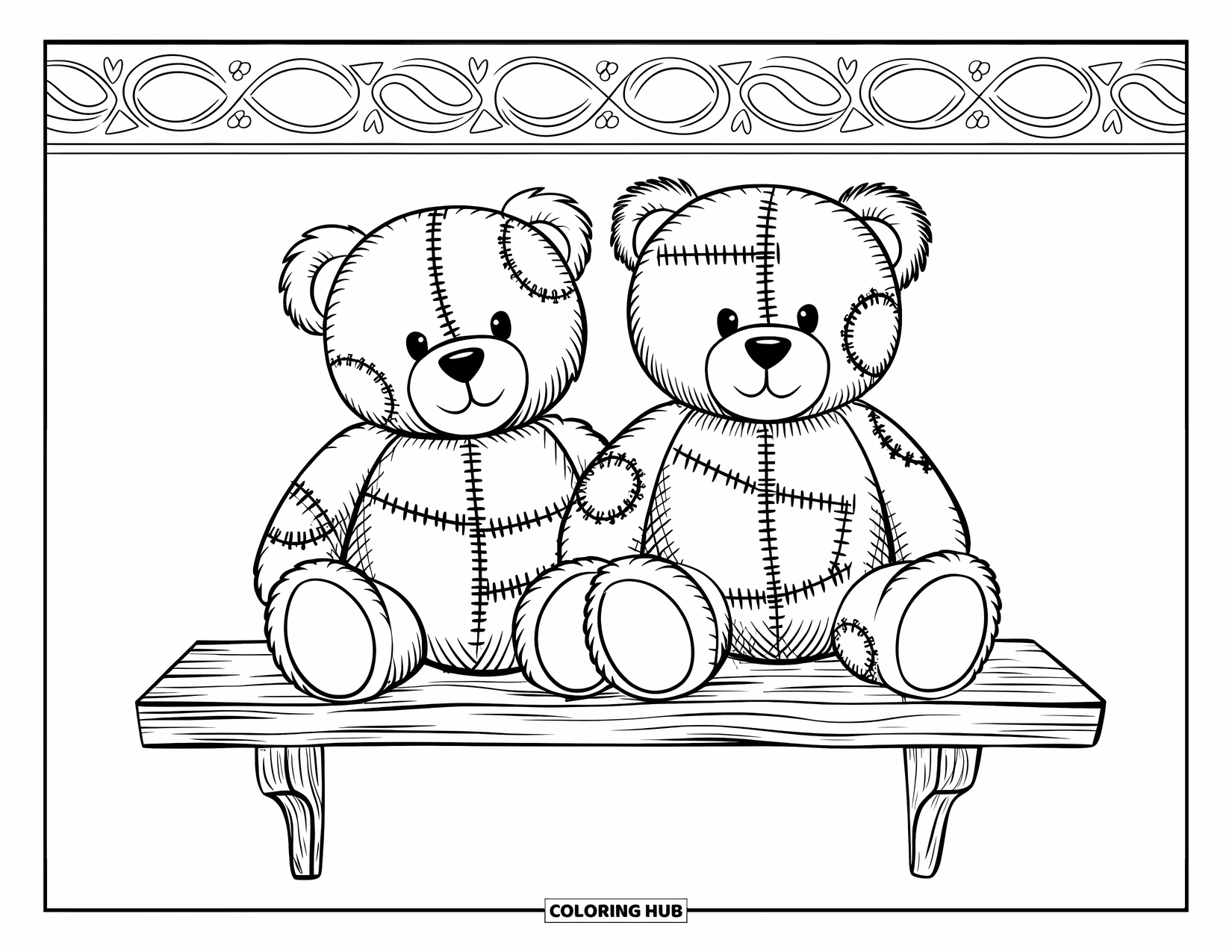 Teddy Bear Coloring Page for Adults: A rustic wooden shelf holds two well-loved teddy bears with detailed fur and fabric patches