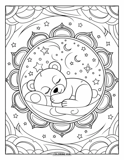 Dibujo de oso de peluche para colorear para adultos: Un oso de peluche durmiente está acurrucado dentro de un mandala arremolinado, rodeado de estrellas y lunas
