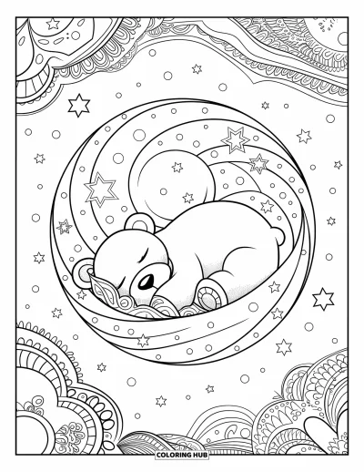 Dibujo de oso de peluche para colorear para adultos: Un oso de peluche durmiente descansa en un intrincado mandala lleno de diseños celestiales y florales