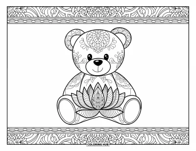 Dibujo de oso de peluche para colorear para adultos: Un oso de peluche y una flor de loto presentan delicados diseños de mandala, enmarcados por elementos artísticos