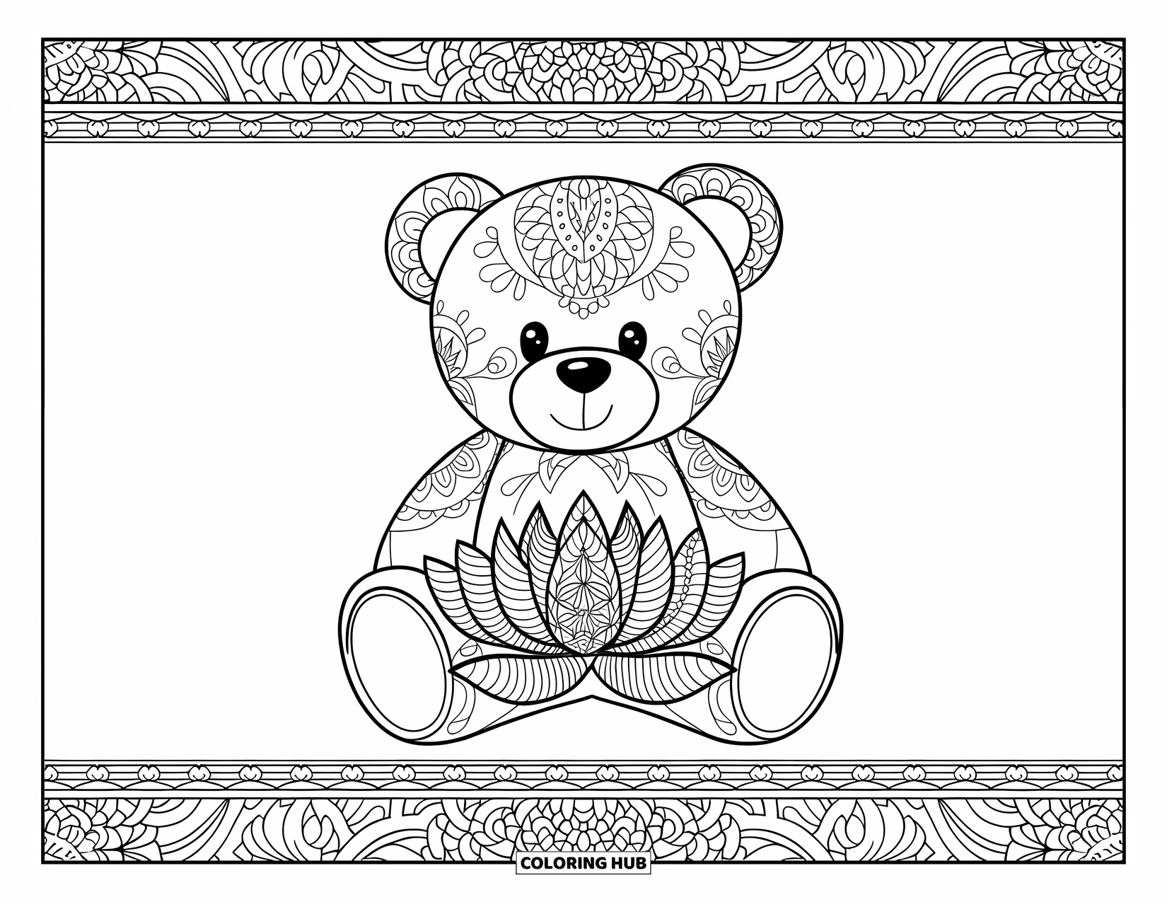 Teddy Bear Coloring Page for Adults: A teddy bear and a lotus flower feature delicate mandala designs, framed by artistic elements