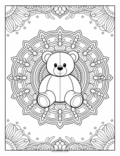 Dibujo de oso de peluche para colorear para adultos: Un oso de peluche en el corazón de un mandala, con detalles florales y geométricos que llenan el espacio