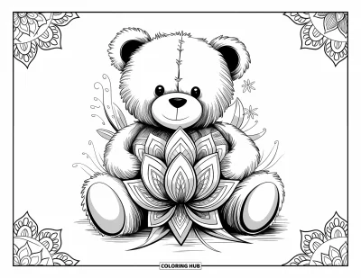 Dibujo de oso de peluche para colorear para adultos: Un oso de peluche acuna una flor de loto, con patrones de mandala que llenan los pétalos y su pelaje