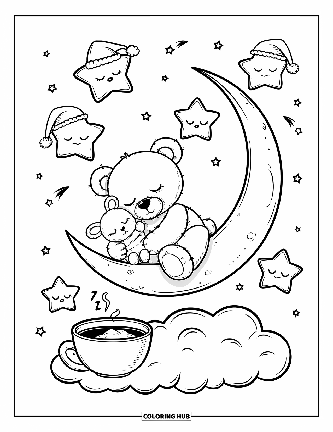 Teddy Bear Coloring Page for Adults: A teddy bear cuddles a stuffed bunny while sleeping on a crescent moon, surrounded by stars