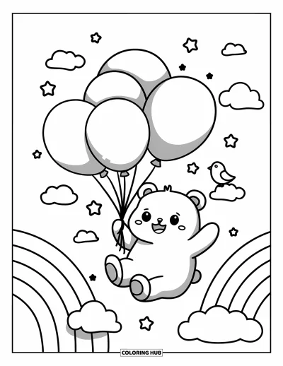 Dibujo de oso de peluche para colorear para adultos: Un oso de peluche flota entre nubes esponjosas, sosteniendo globos de color pastel con un pájaro posado cerca