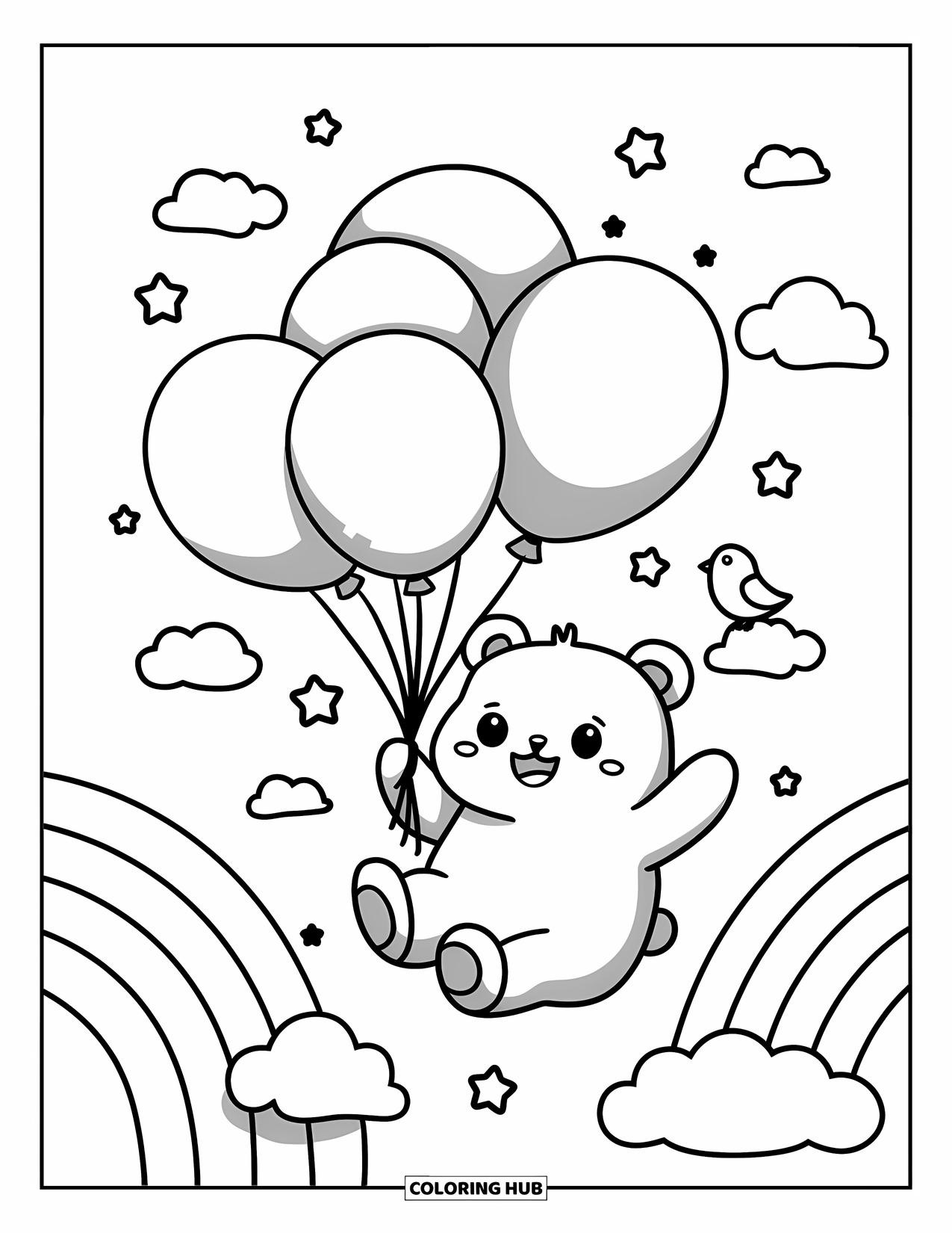 Teddy Bear Coloring Page for Adults: A teddy bear drifts among fluffy clouds, holding pastel balloons with a bird perched nearby
