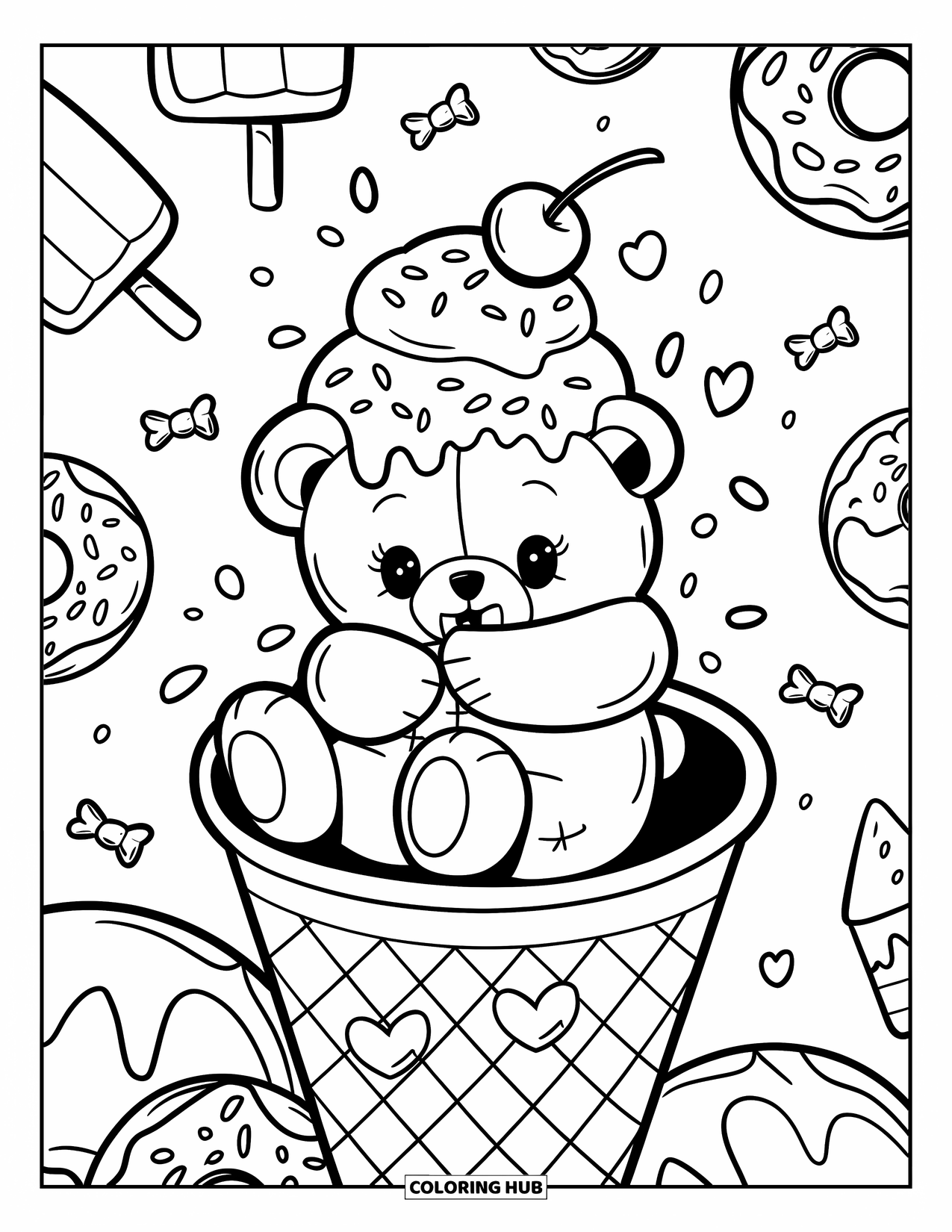 Teddy Bear Coloring Page for Adults: A teddy bear enjoys a melting ice cream sundae inside a giant waffle cone