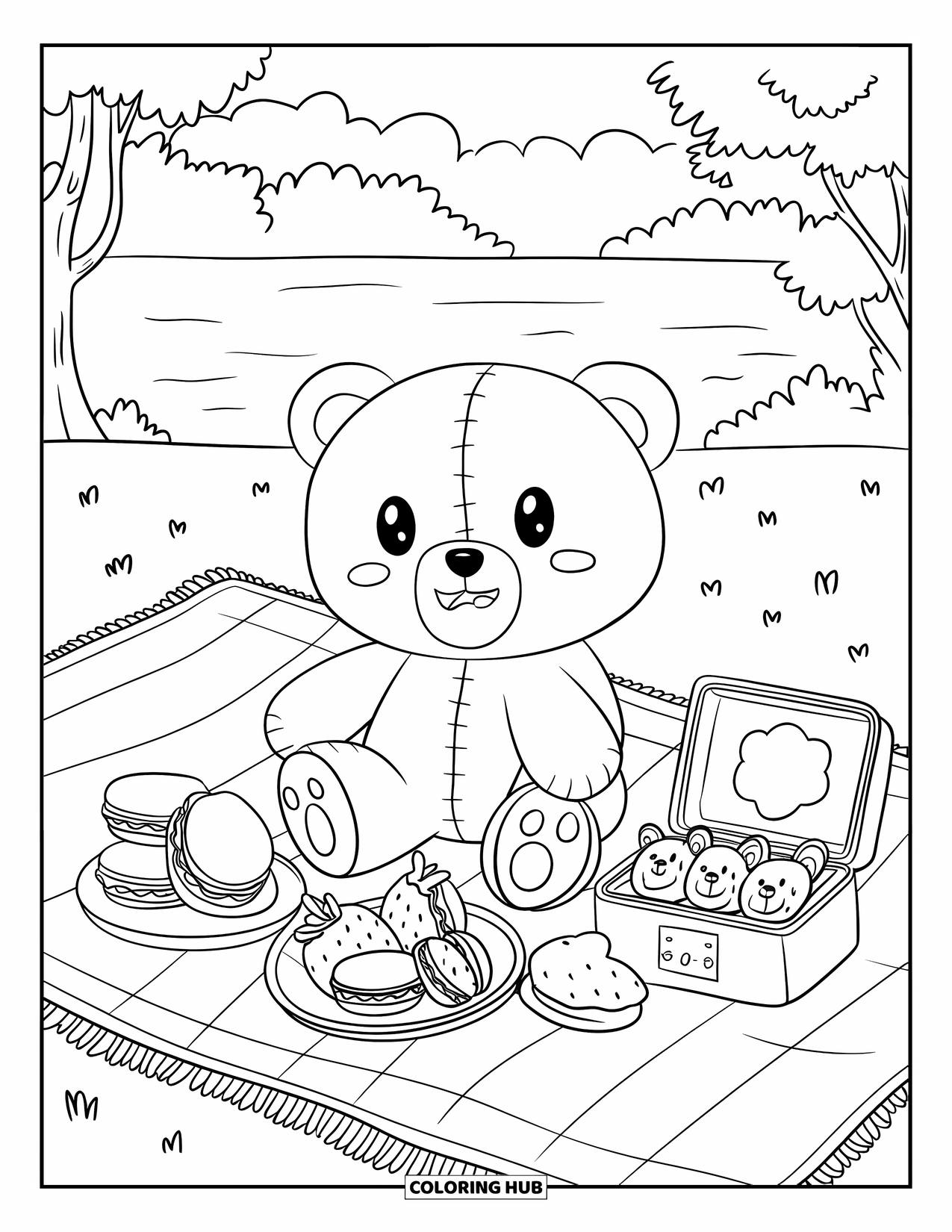 Teddy Bear Coloring Page for Adults: A teddy bear enjoys a picnic with strawberry sandwiches, macarons, and a bear-shaped bento