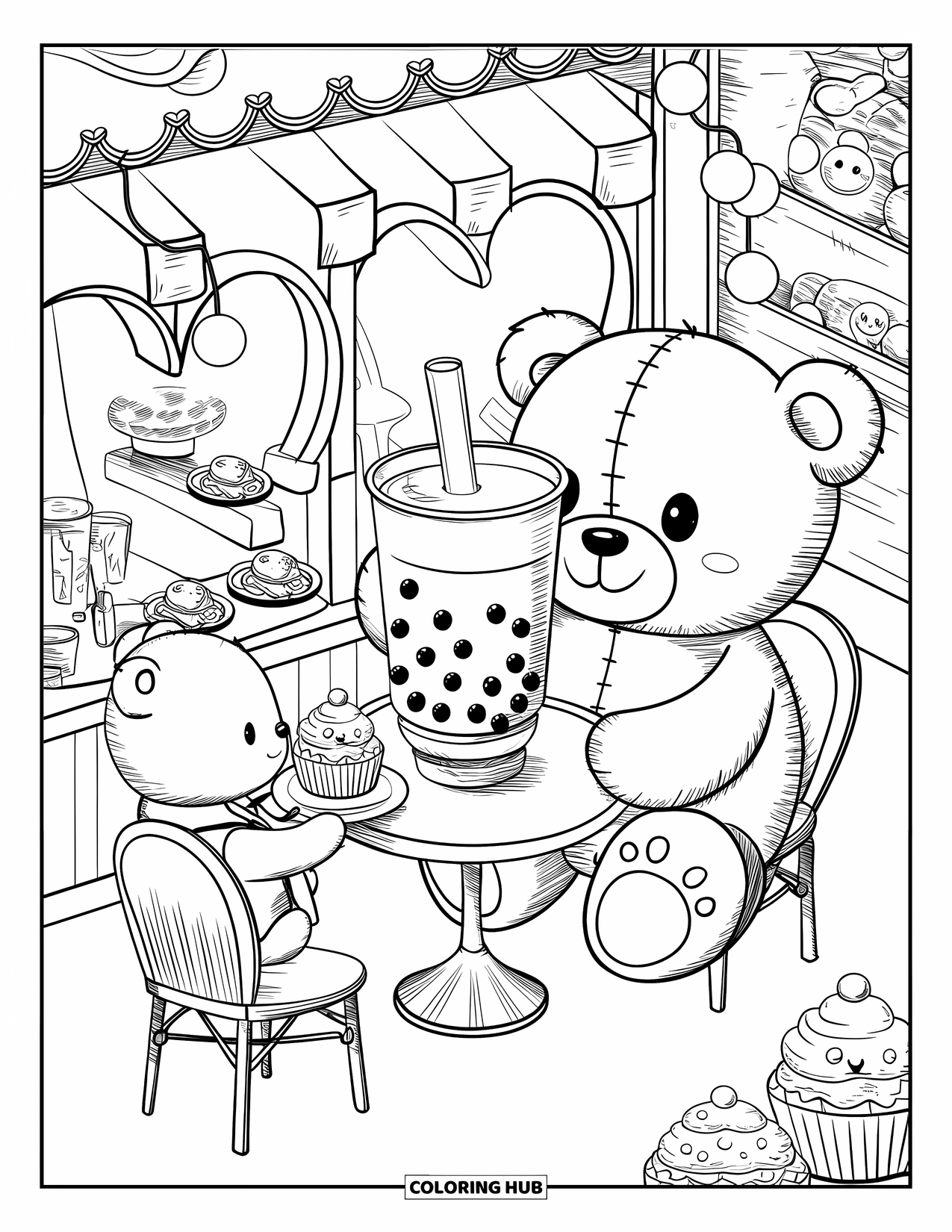 Teddy Bear Coloring Page for Adults: A teddy bear enjoys bubble tea at a tiny cafÈ, as a mini bear waiter serves cupcakes