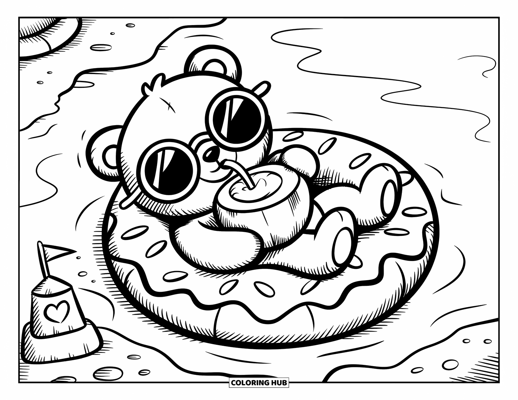 Teddy Bear Coloring Page for Adults: A teddy bear floats on a doughnut-shaped raft, sipping coconut juice by the ocean