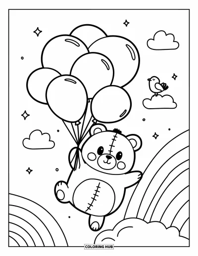 Dibujo de oso de peluche para colorear para adultos: Un oso de peluche flota con un montón de globos, sonriendo mientras pequeñas estrellas brillan alrededor