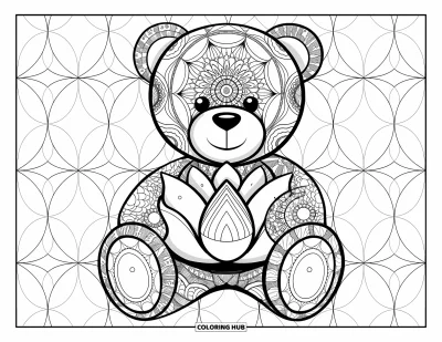 Dibujo de oso de peluche para colorear para adultos: Un oso de peluche sostiene una flor de loto, ambos decorados con intrincados diseños de mandala