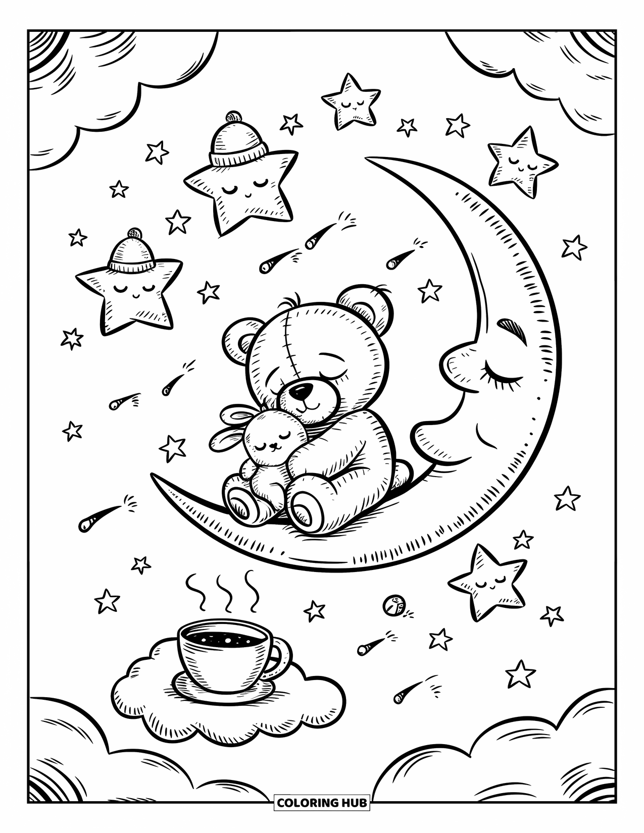 Teddy Bear Coloring Page for Adults: A teddy bear hugs a bunny while napping on a crescent moon, with cocoa on a cloud