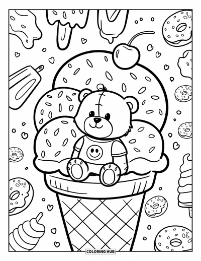 Dibujo de oso de peluche para colorear para adultos: Un oso de peluche en un cono de helado gigante disfruta de un dulce helado con rosquillas en el fondo