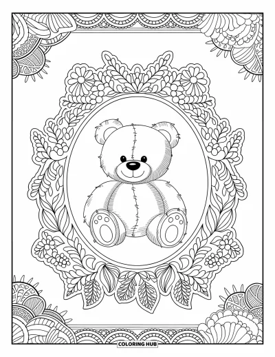 Dibujo de oso de peluche para colorear para adultos: Un oso de peluche está rodeado por un elegante marco de encaje lleno de intrincados detalles florales