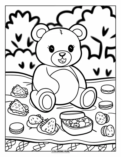 Dibujo de oso de peluche para colorear para adultos: Un oso de peluche hace un picnic en la naturaleza, disfrutando de una comida de sándwiches, macarons y bolas de arroz